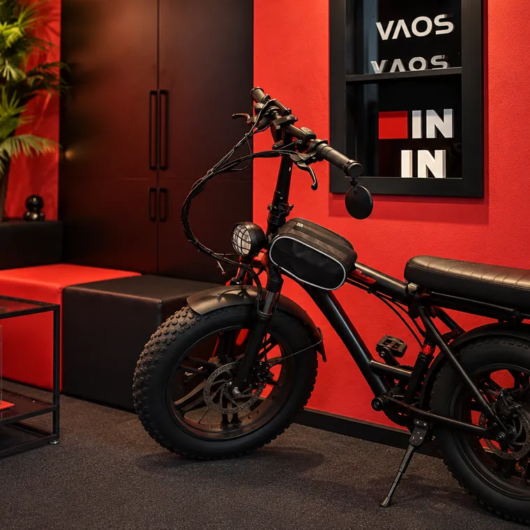 Electric bike parked by the red WE ARE IN wall