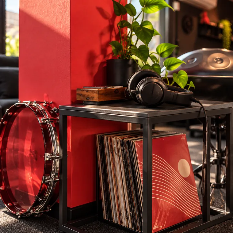 Snare drum, vinyl records and headphones