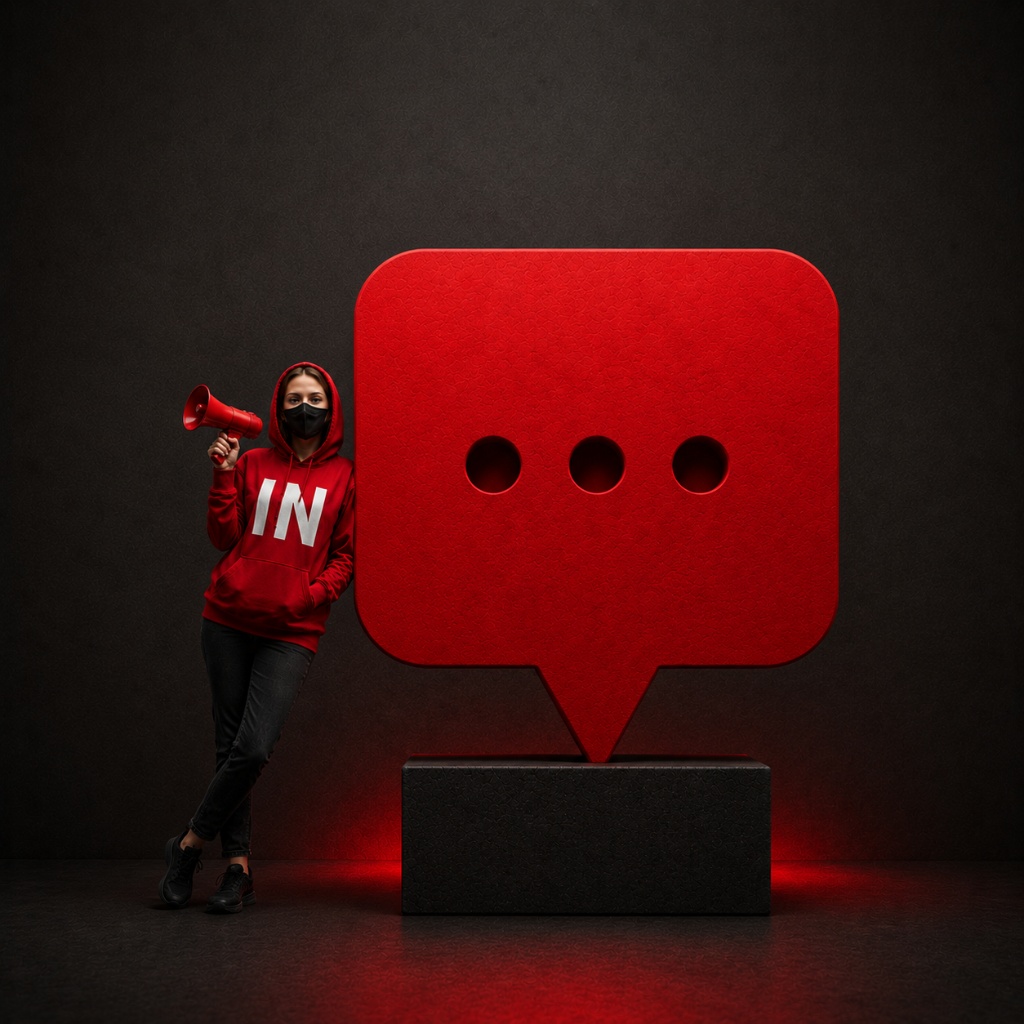 Hooded figure with red megaphone beside a giant red speech bubble - Interdi IN-WORDS