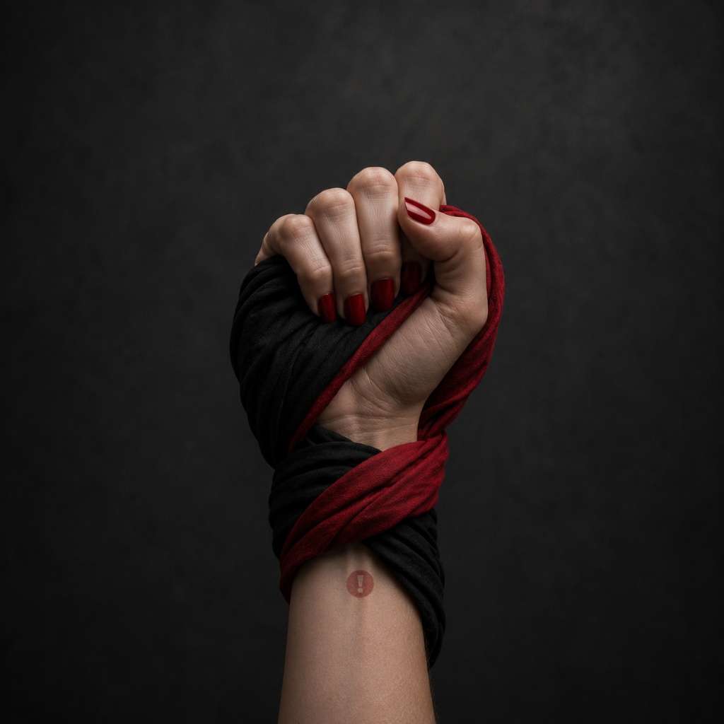 Raised fist wrapped in red and black fabric - Interdi manifesto