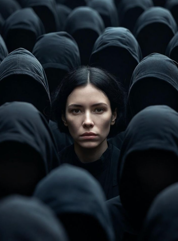 Hooded figures around a central subject